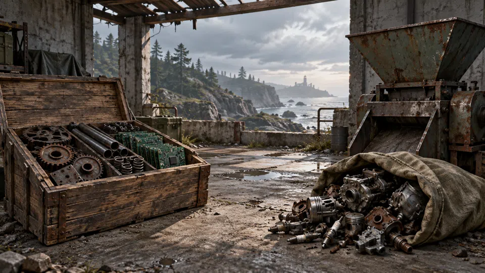 An open wooden crate of gears, pipes and circuit boards beside a sack of spare parts by a rusted recycler