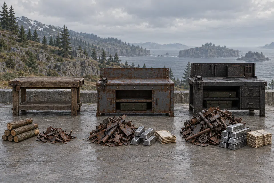 Three workbenches side by side, each with its materials in front: wood and metal, metal and paper scraps, a large metal pile