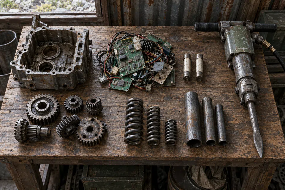 Salvaged parts on a wooden workbench: a rifle receiver, circuit boards, fuses, gears, springs and pipes