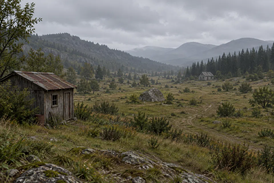 A grassy valley seen from a hilltop: a wooden shack close by, a rock farther out, a stone house far away