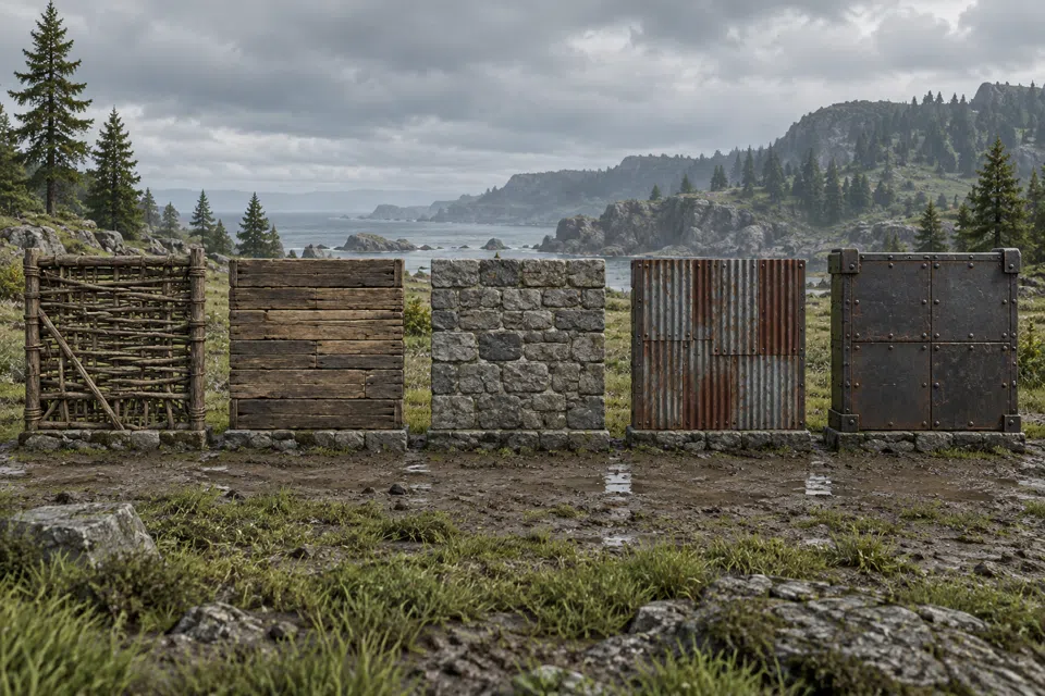Five wall segments in a row: twig lattice, wooden planks, grey stone blocks, riveted sheet metal and thick armored plates