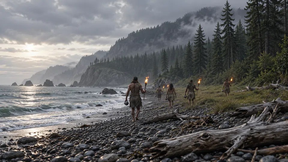A grey beach at dawn with a few lone figures seen from behind, each holding only a rock and a lit torch