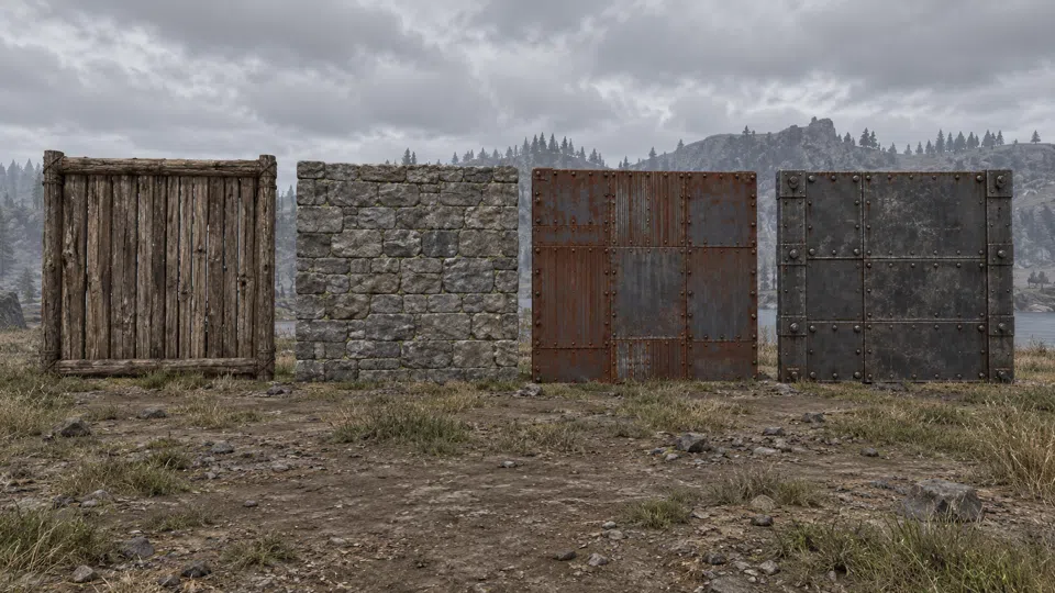 Four wall segments side by side: wooden planks, grey stone blocks, riveted sheet metal and heavy dark armor plating