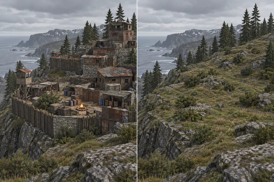 The same hillside twice, on the left crowded with walled bases and boxes, on the right bare grass and rocks