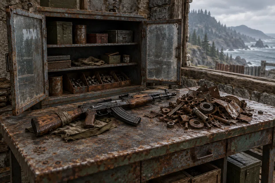 A rifle and a heap of scrap metal parts laid together on a battered metal research table