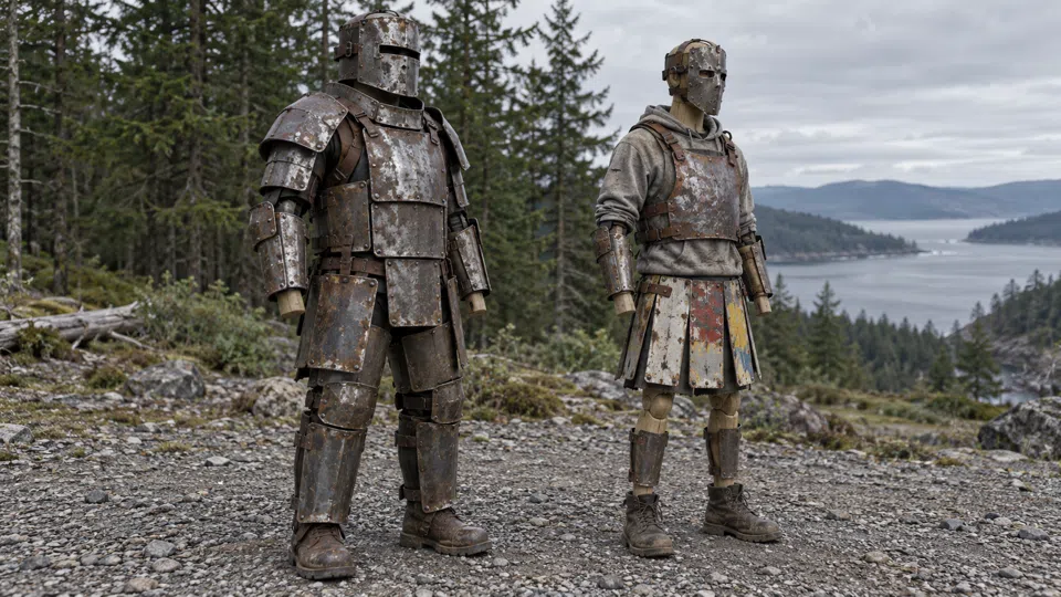 Two mannequins side by side: one in bulky heavy plate with a narrow visor, one in a lighter metal mask and chest plate