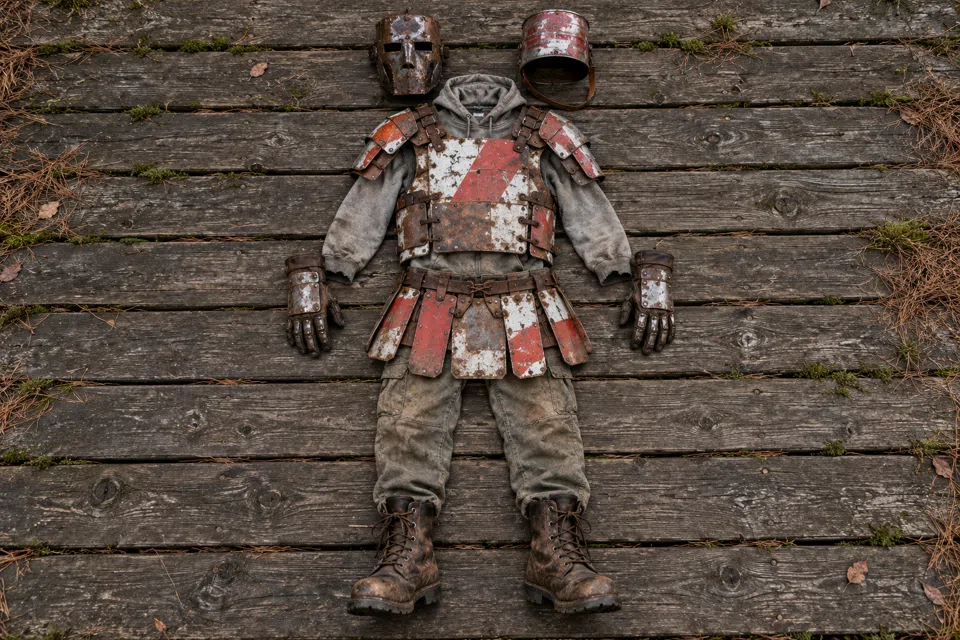 Armor pieces laid out on planks: hoodie and pants underneath, road sign plates, metal mask, gloves and boots