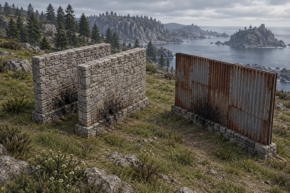 Two rows of walls side by side: two grey stone walls one behind the other, and a single riveted sheet metal wall