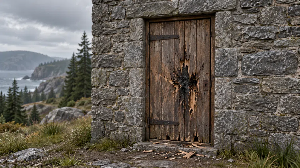 A grey stone wall with a plain wooden door in it, the door scorched and splintered while the stone around it is untouched