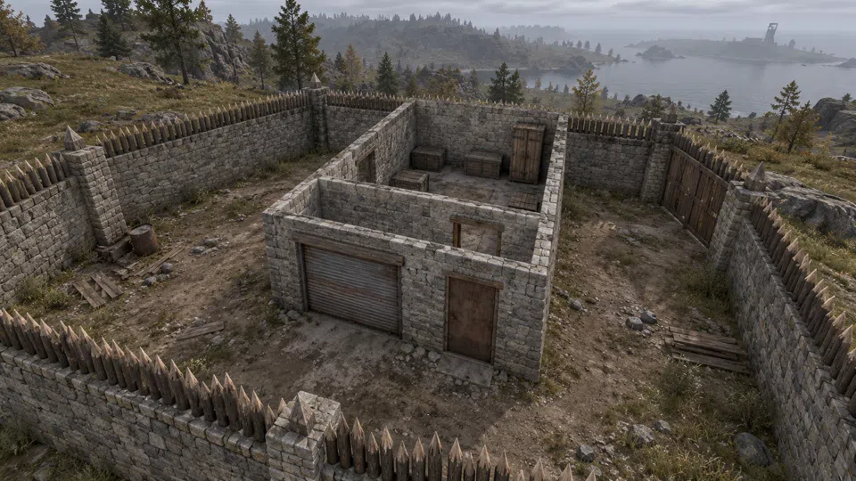 A roofless stone base seen from above: a high outer wall, an entrance room with two doors, an inner room with a cupboard